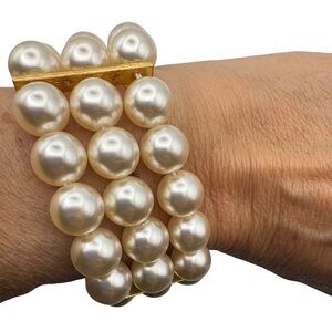 Statement Triple Row Faux Pearl Stretch Bracelet Gold Tone Cuff